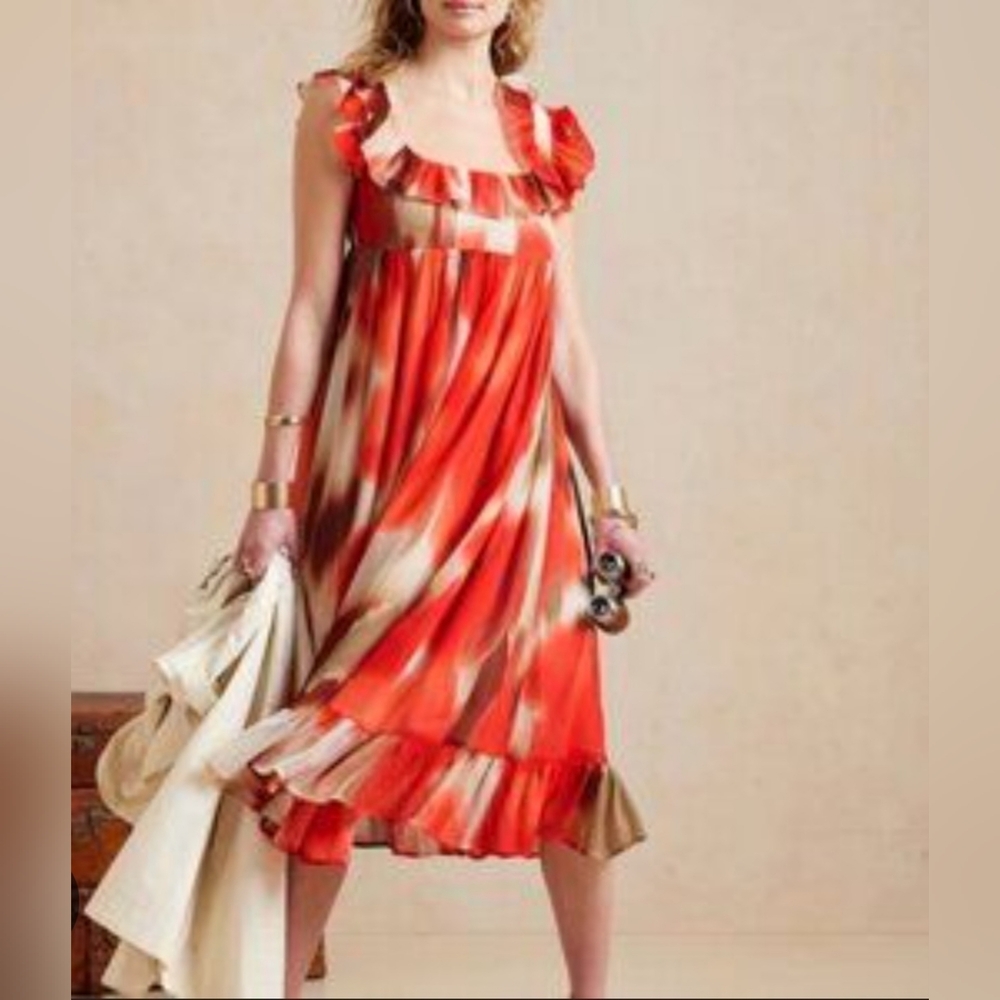 Banana Republic Chiffon Watercolor Ruffle Tie Bow Smocked Midi Dress
